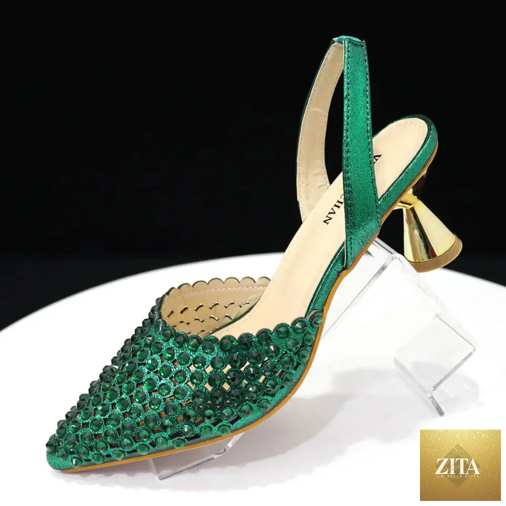 Luxurious EdleessFashion diamond design shoe and bag set featuring elegant footwear and matching accessories.