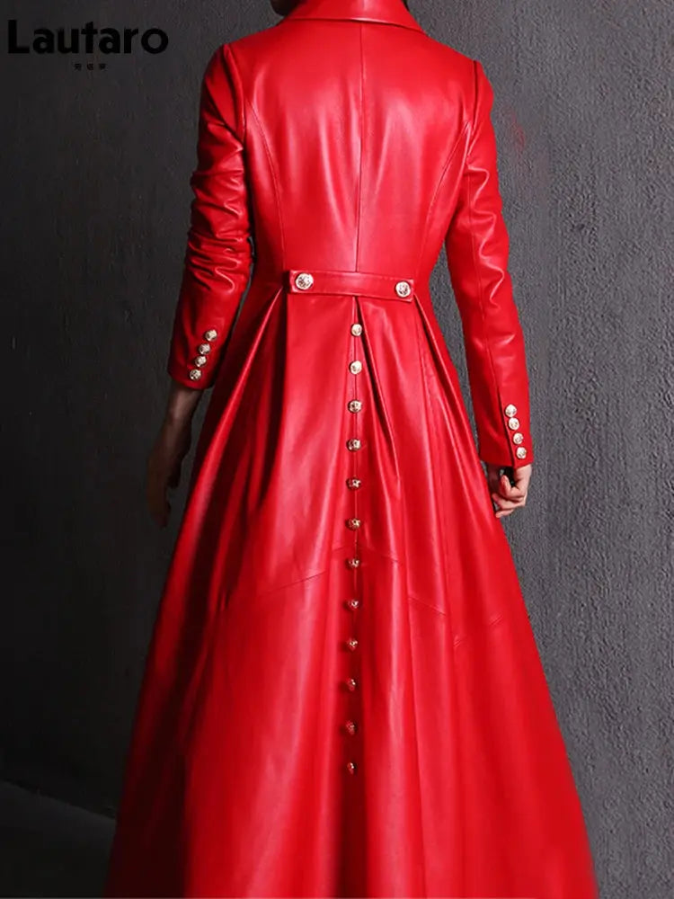 Lautaro Autumn Long Skirted Red Black Faux Leather Trench Coat for Women Double Breasted Elegant Luxury Fashion 4xl 5xl 6xl 7xl ZITA LA BELLE ÉLITE