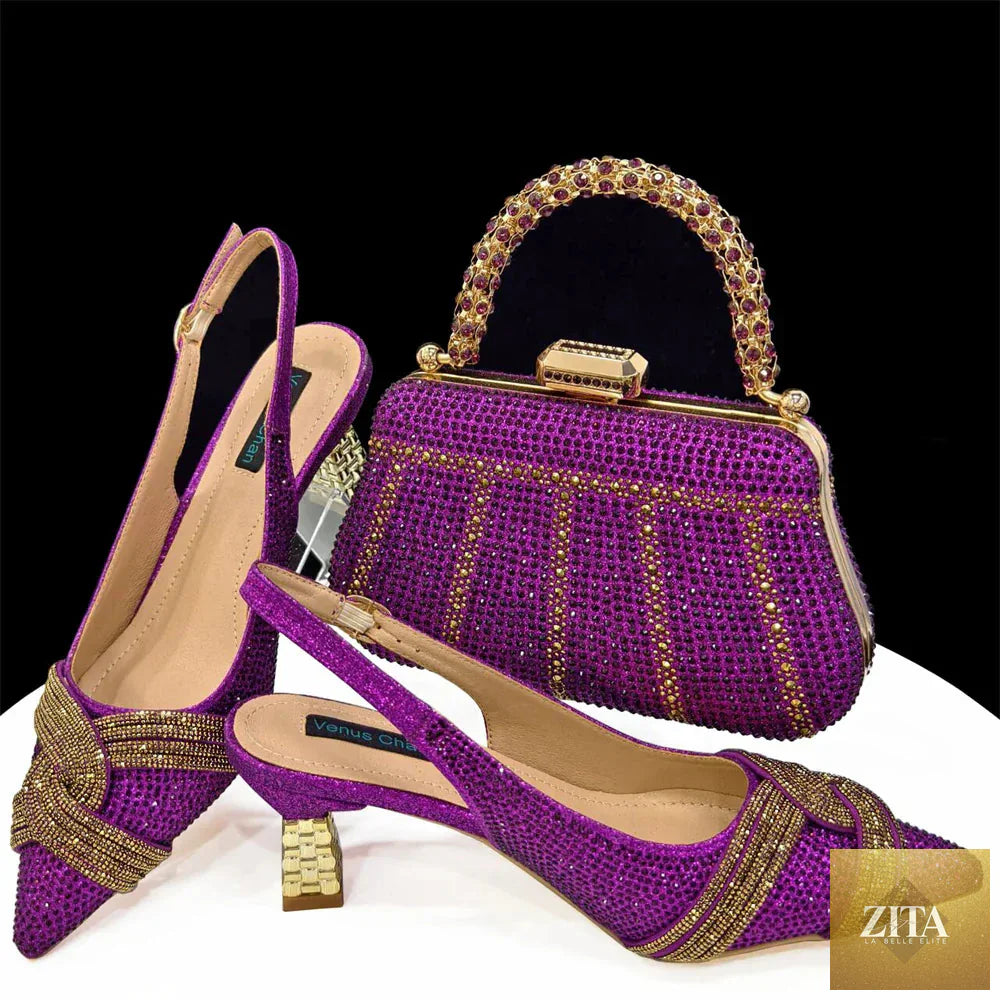 Elegant women's shoes and matching bag set by EdleessFashion with rhinestone accents, perfect for special occasions.