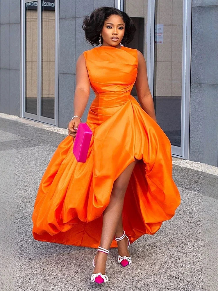 Women's elegant orange cinch waist cocktail maxi dress by FLIPSTYLEZLLC, sleeveless, high waist, crew neck, perfect for dinner or parties.