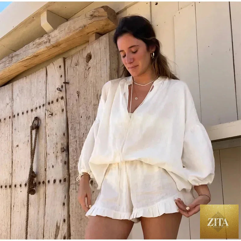Women's solid cotton linen ruffle shorts and V-neck long sleeve top set with drawstring, loose fit, two-piece outfit.