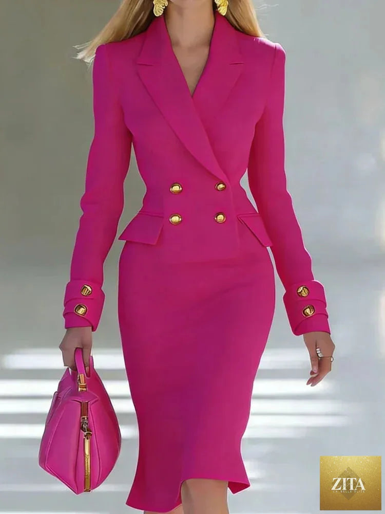 Elegant women’s blazer dress by Nurse Nook Clothes L.L.C., featuring a double-breasted design, long sleeves, suitable for office and formal events.