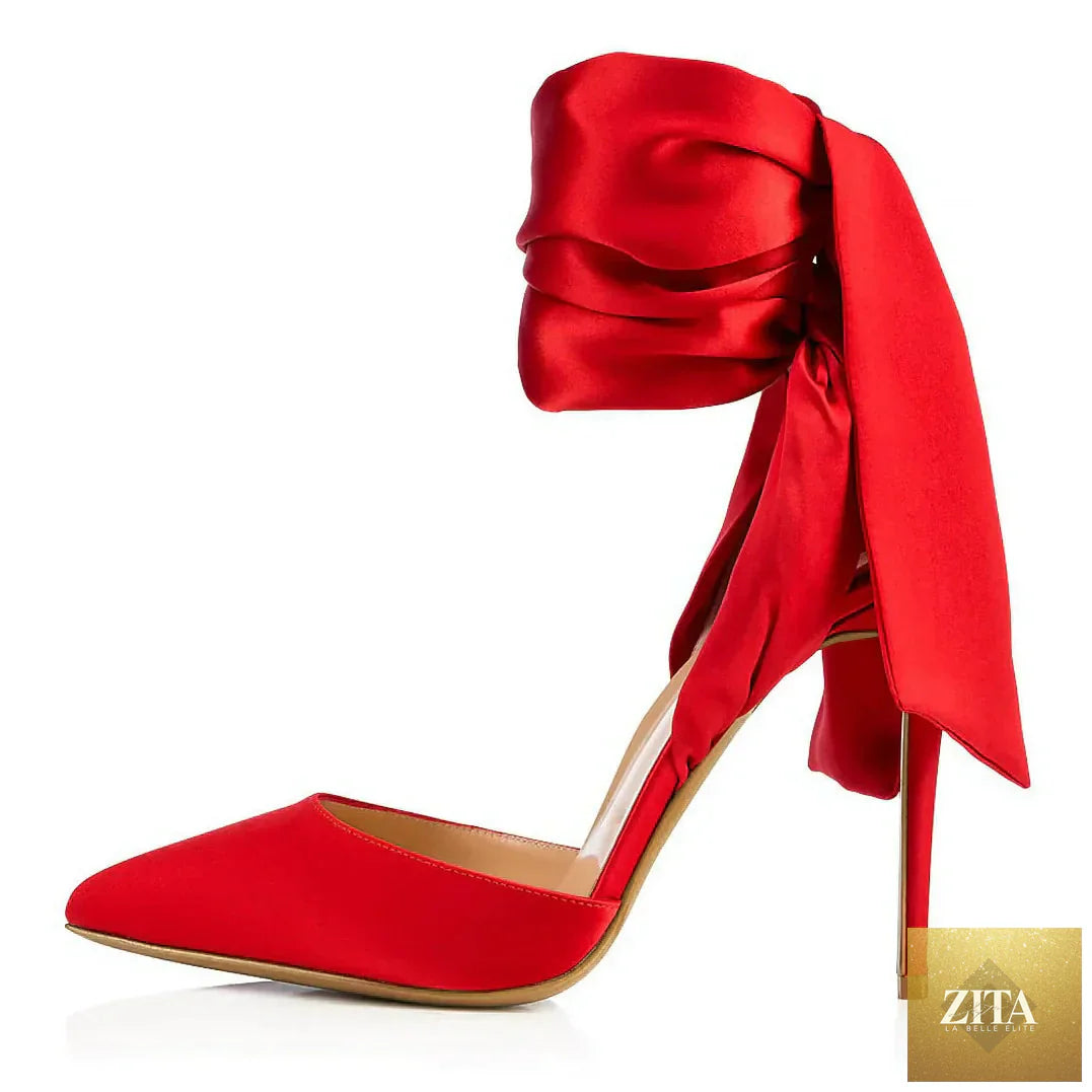 Summer satin bow cross-band open-toe women sandals with thin high heels, featuring a stylish design and elegant detailing.