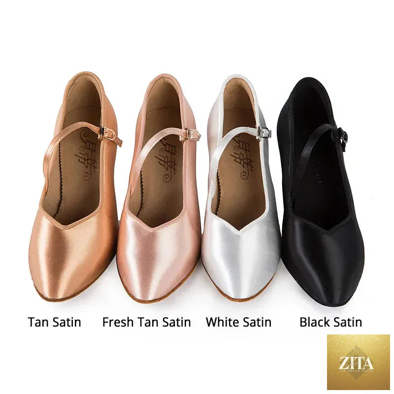 LadyShow.Store BD Dance Women Standard Shoes 138 Classic Fresh Tan satin ballroom high heel with soft outsole for modern dance performances.