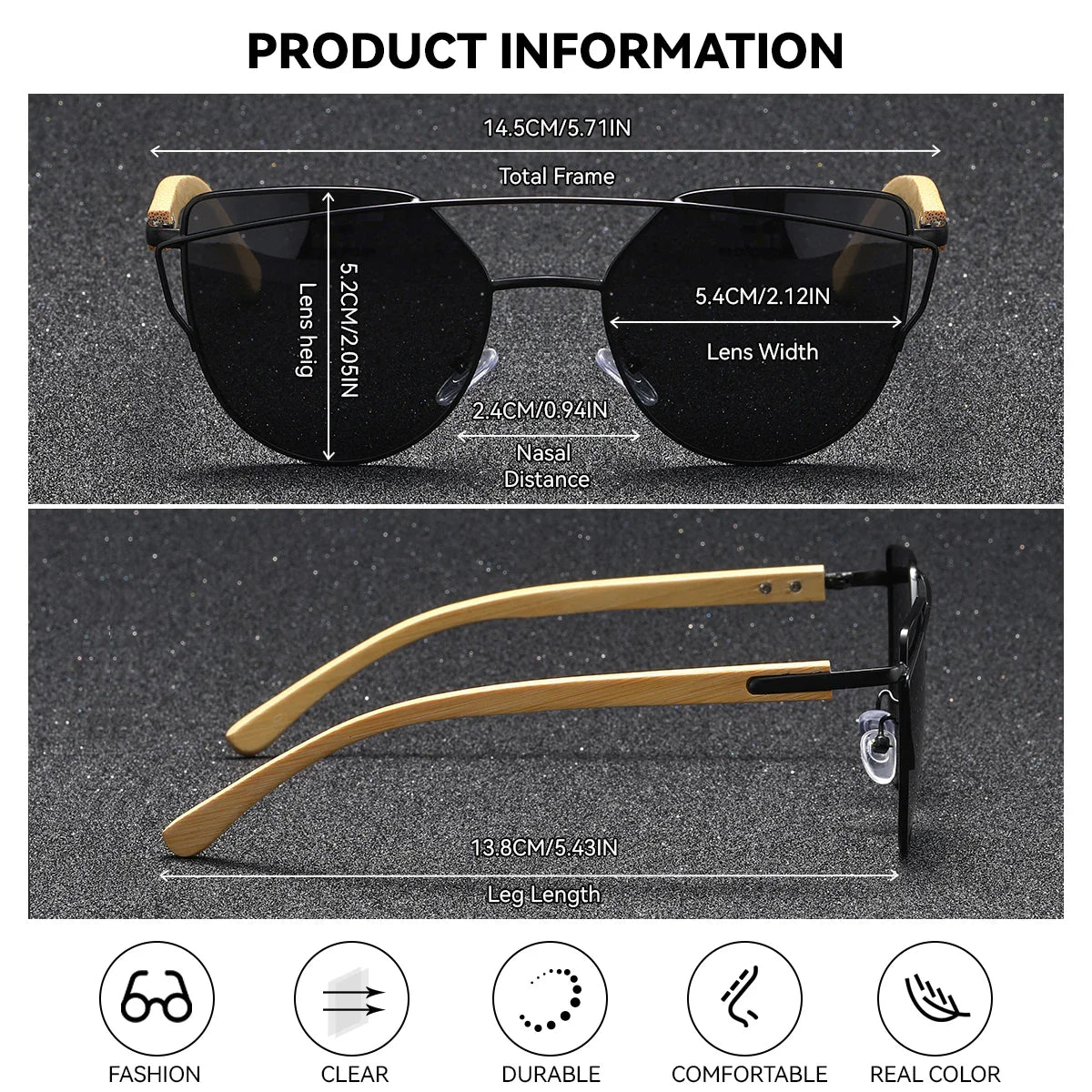 Stevvex UV400 polarized women’s cat eye sunglasses with bamboo foot frame and mirrored lenses, presented in a white gift box.