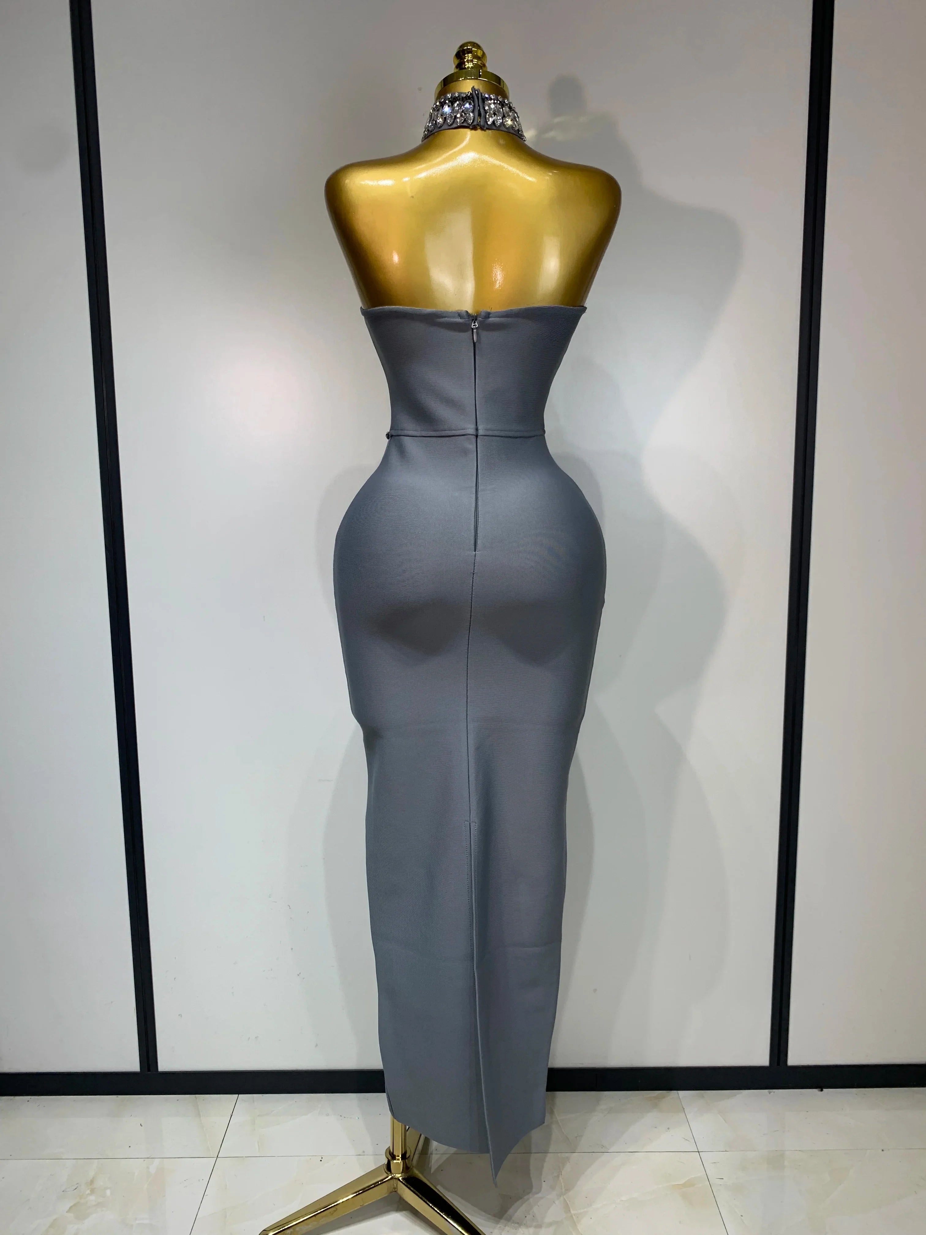Elegant strapless beaded bandage dress by FLIPSTYLEZLLC, featuring a necklace detail, ideal for evening parties and special occasions.