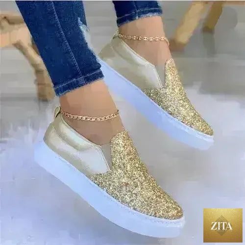 Femstylo glitter moccasin loafers for women in rose gold, black, and gold styles, featuring a stylish and comfortable sneaker design.