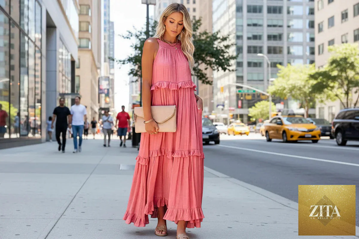 Elegant apricot ruffle maxi dress by FitiqueFit, casualwear with flowing fabric and stylish ruffle details.