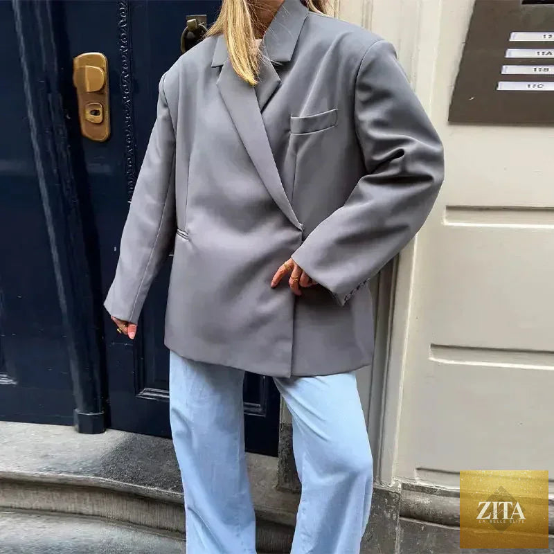 Women's Femstylo V-neck long sleeve suit jacket with side buttons, solid color, oversized fit, pocket cuffs, high street style.