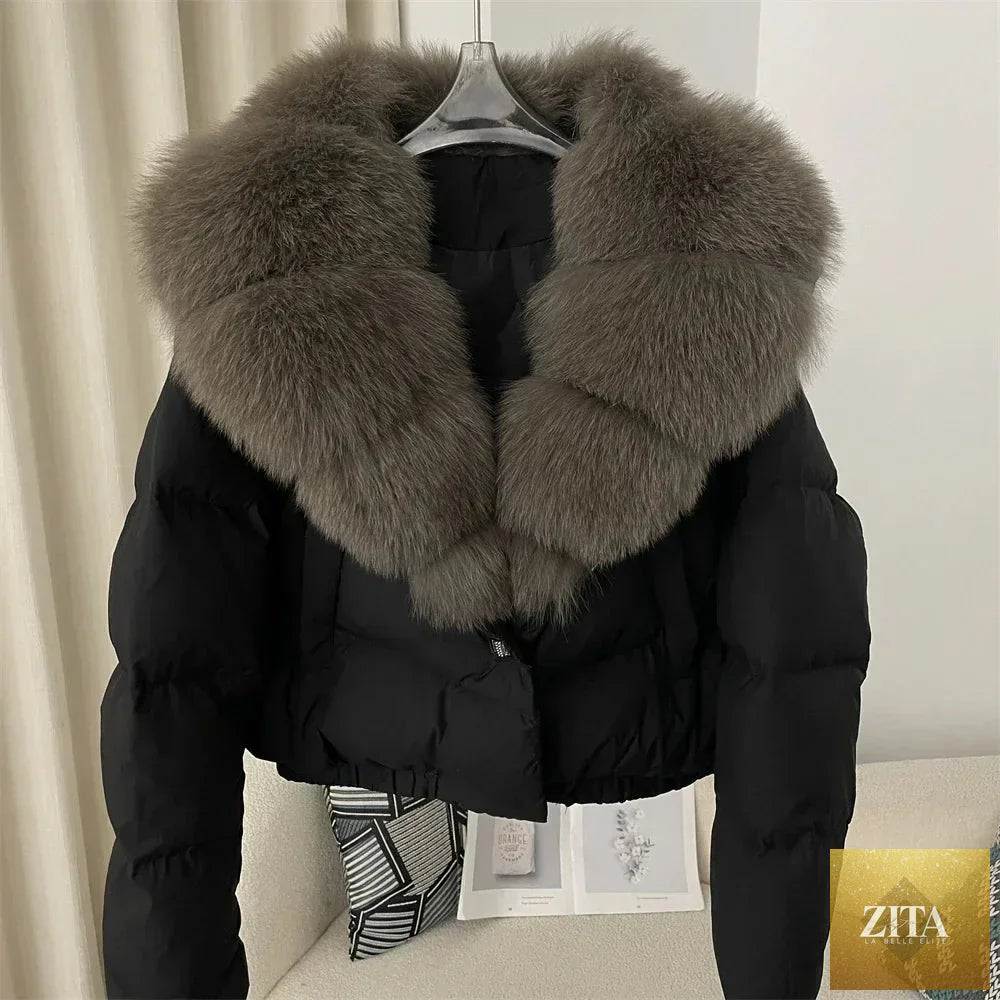 Down Jacket Women Short Puffer Jacket Thick New Big Natural Real Fox Fur Coat Autumn Winter Female White Duck Down Coat Feather