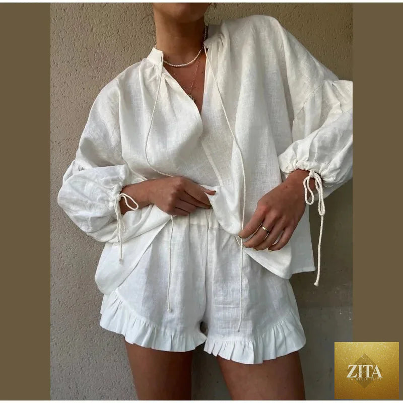 Women's solid cotton linen ruffle shorts suit with V-neck long sleeves and drawstring, two-piece set in a relaxed, loose fit.