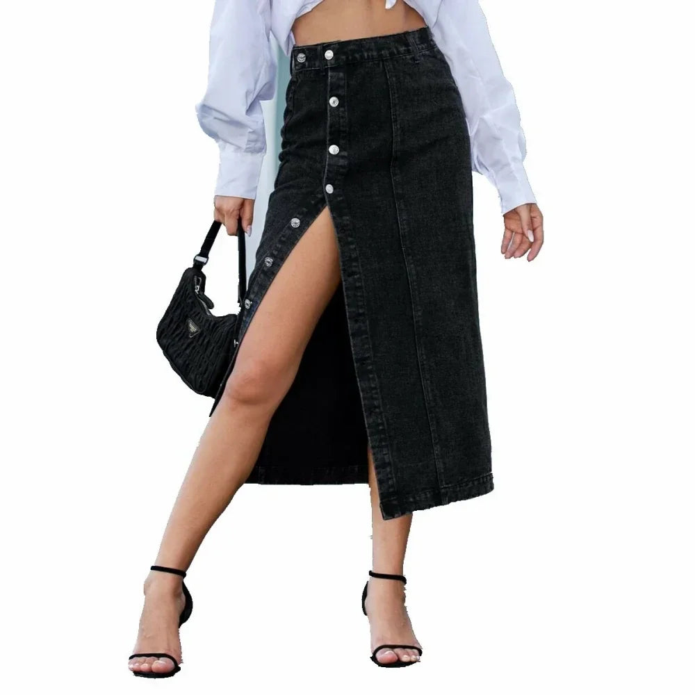 Women Denim Jean Maxi Skirt Side Split