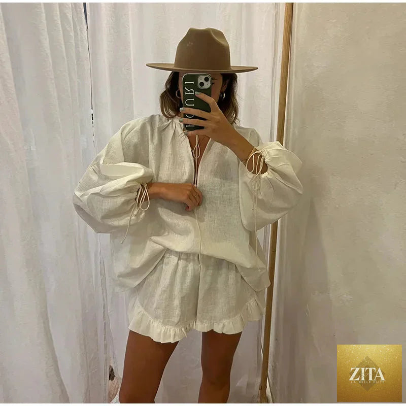 Women's solid cotton linen ruffle shorts and V-neck long sleeve two-piece set with drawstring, loose fit, stylish and comfortable.