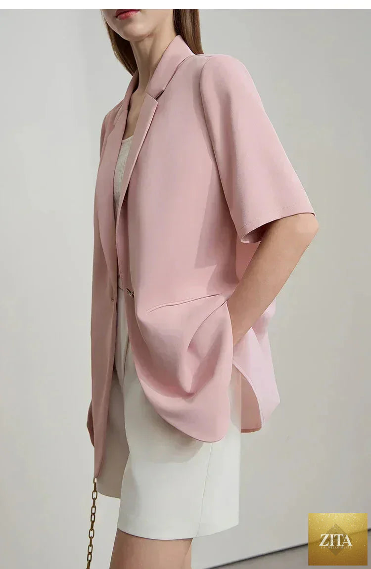 Femstylo Amii Women's Minimalist Summer Blazer with notched lapel, contrast patchwork, one button, short sleeves, stylish design