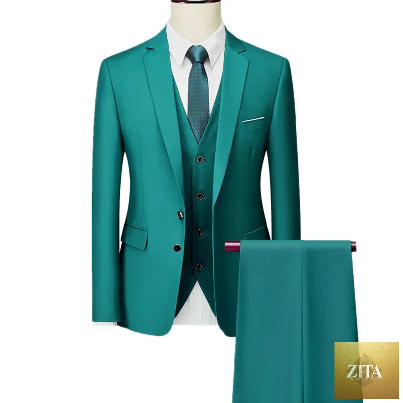 Men's slim fit 3-piece suit by SMinvite, LLC, featuring a tailored blazer, vest, and trousers in classic style.