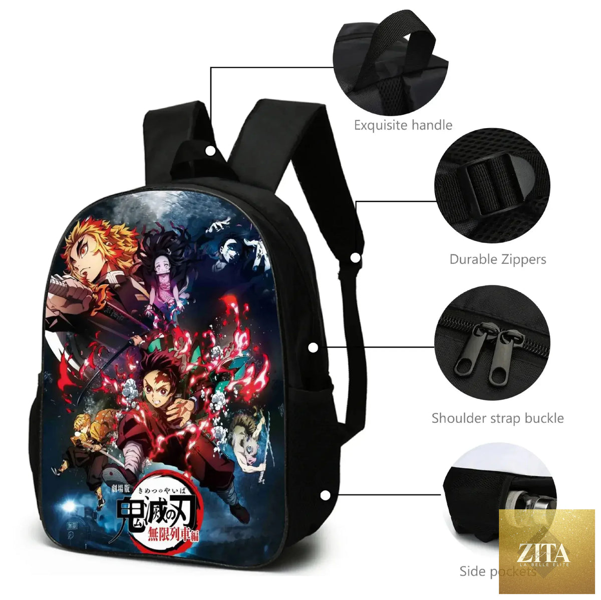Nezuko Demon Slayer backpack from Infinite Visibility, part of a 3-piece schoolbag set, featuring colorful anime character design.