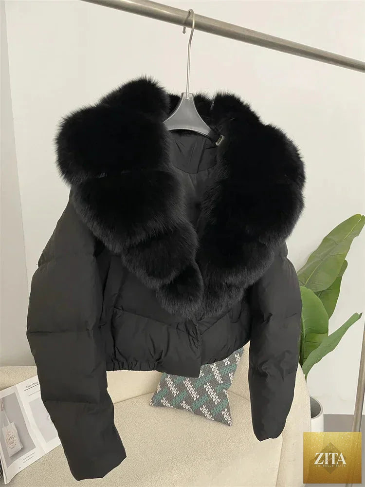 Down Jacket Women Short Puffer Jacket Thick New Big Natural Real Fox Fur Coat Autumn Winter Female White Duck Down Coat Feather