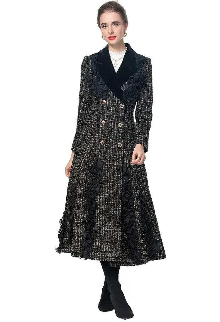 MoaaYina Winter Gray Black Coat With Grid Pattern And Double Breasted Lace Up Coat With Fungus Edge S-4XL ZITA LA BELLE ÉLITE