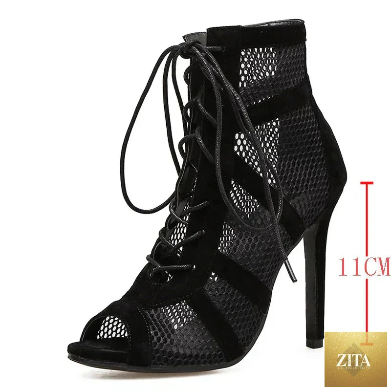 Black women’s lace-up open-toe high heels with ankle strap, thin heels, and hollow-out design, ideal for dancing and stylish occasions.