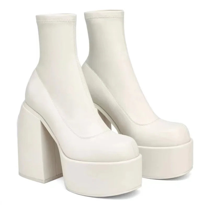 Women’s black leather short boots with square toe, zipper, high heels, and thick soles, stylish casual shoes for women.