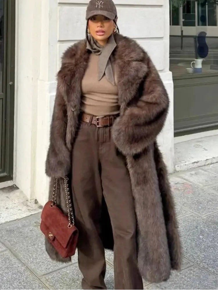 ZADORIN 120cm Super Long Luxury Winter Brown Faux Fur Coat Woman Elegant Belted Lapel Thick Fluffy Fur Jacket High Quality Coats ZITA LA BELLE ÉLITE