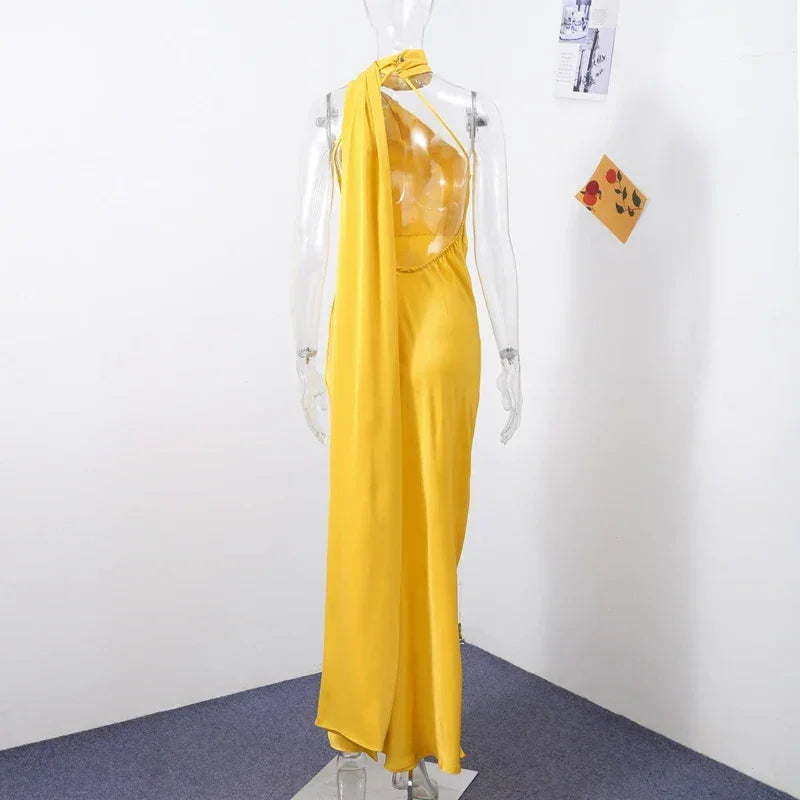 Femstylo backless lace-up maxi dress with ribbon details, sleeveless evening gown perfect for parties and formal events.
