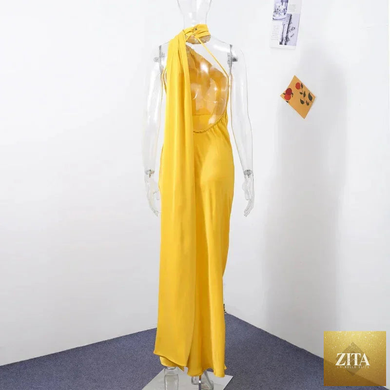 Femstylo backless lace-up maxi dress with ribbon details, sleeveless evening gown perfect for parties and formal events.
