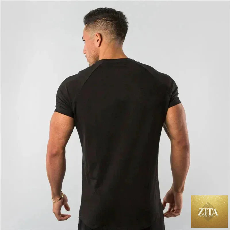 Mandotos men's casual short sleeve muscle T-shirt, slim fit gym fitness top with streetwear style, ideal for summer workouts.