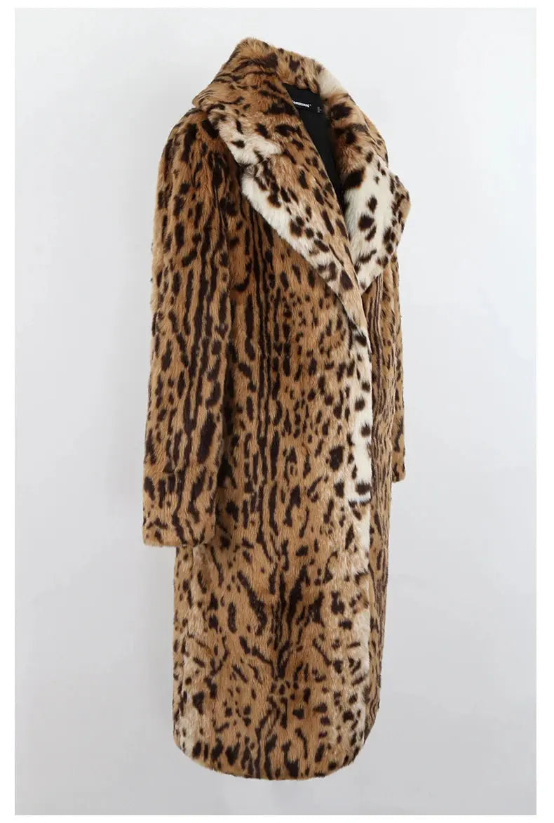 Nerazzurri Winter Long Loose Luxury Thick Warm Soft Fluffy Leopard Print Faux Fur Coat Women Lapel Runway European Fashion 2022 ZITA LA BELLE ÉLITE