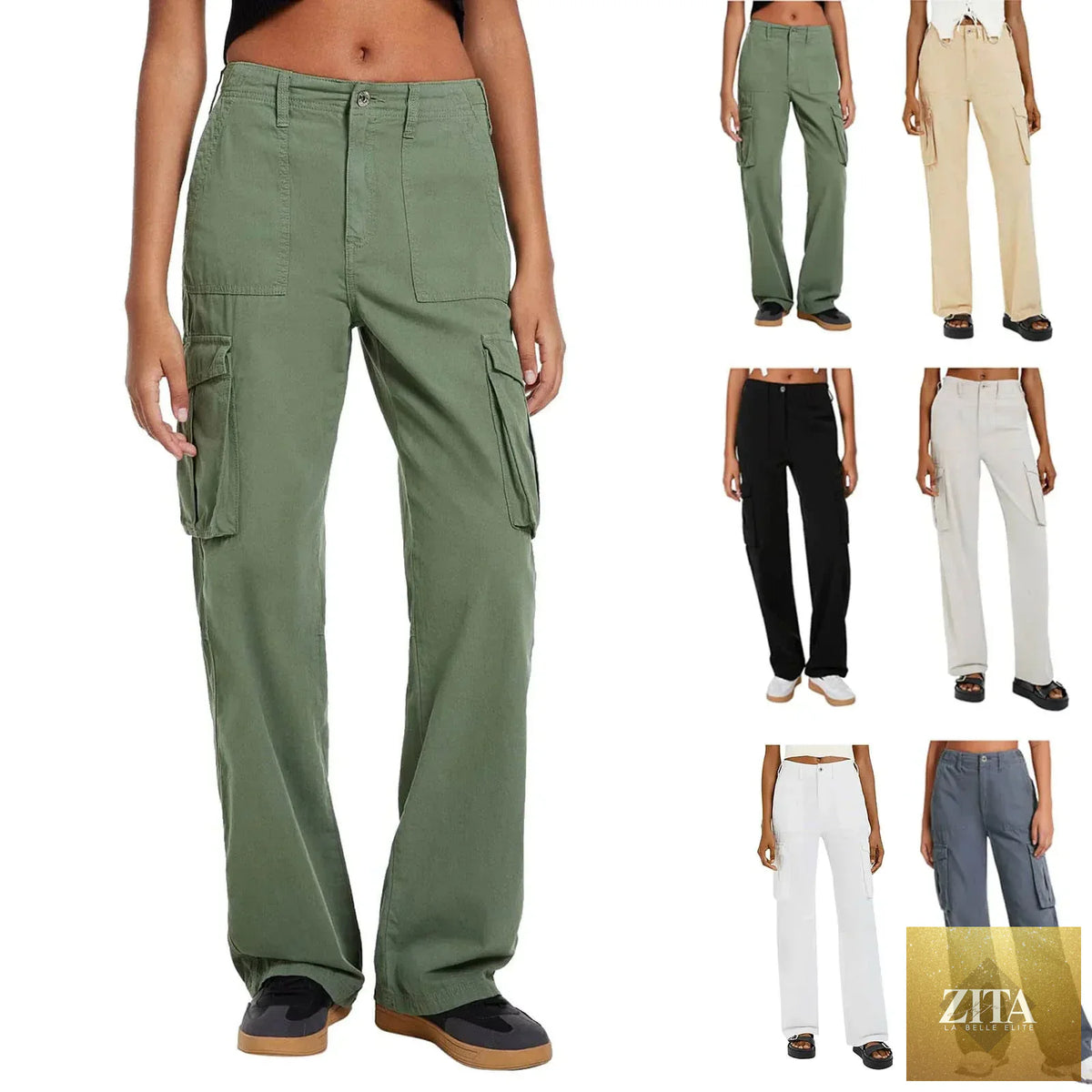 Women’s adjustable cargo pants by SHOMICOBOUTIQUE featuring straight fit, wide leg, high waist, and multiple pockets in a casual street style.