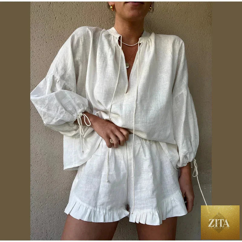 Women's solid cotton linen ruffle shorts suit with V-neck long sleeves, drawstring waist, and loose fit, two-piece set from nowadaysfashion.