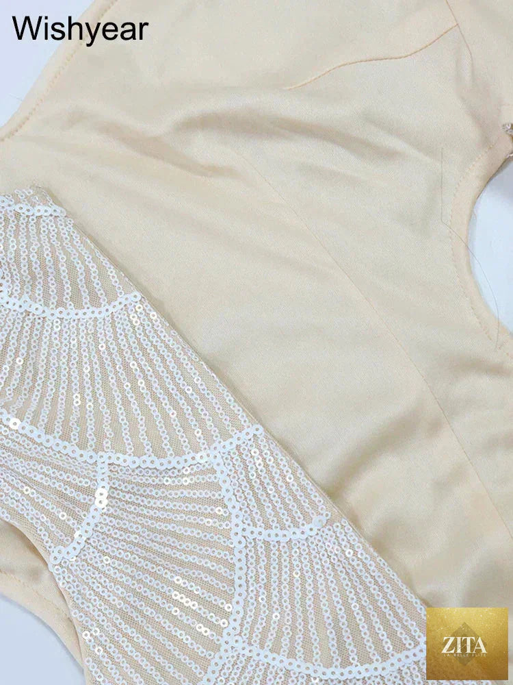 Elegant women’s backless mermaid evening gown by Femstylo featuring sequins, spaghetti straps, and a figure-hugging bodycon fit.