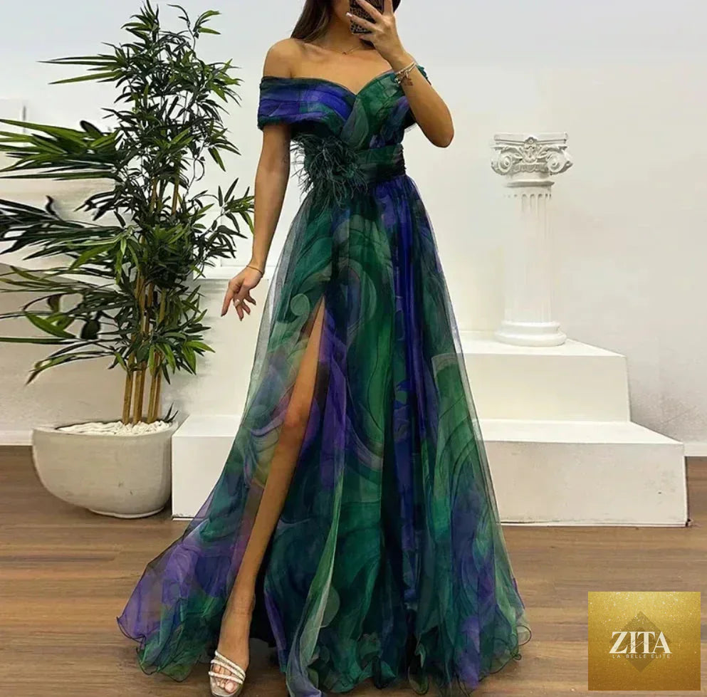 Women’s Femstylo 2025 high waist party dress with a sexy slit, mesh fabric, one-shoulder design, pleated evening gown for cocktail events.