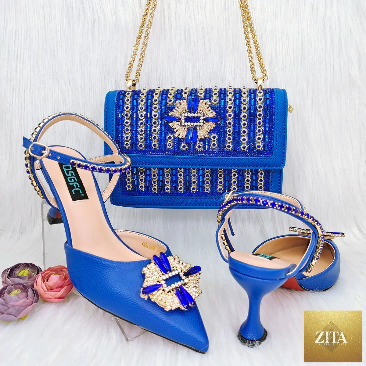 Luxurious EdleessFashion Italian shoes and matching evening bag set for elegant parties, featuring stylish design and high-quality materials.