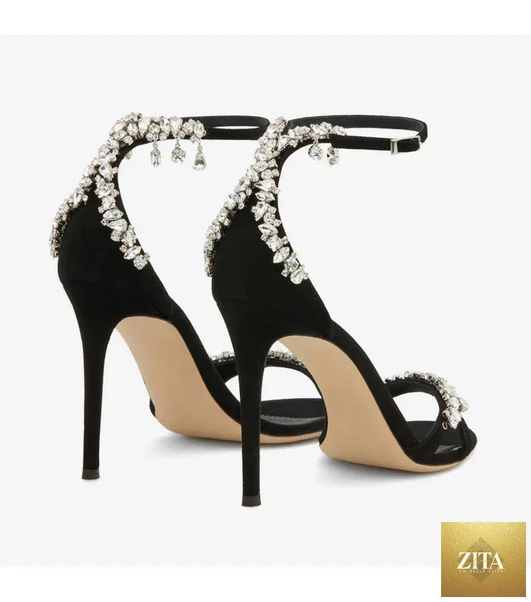 Black women's stiletto high heels with rhinestones, open-toe round toe sandals, featuring a slotted buckle for versatile celebrity style.