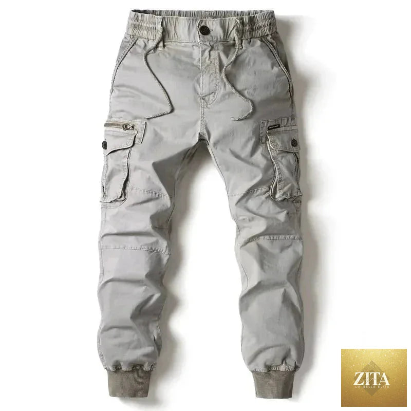 Mandotos men's gray cotton cargo pants with multiple pockets and full-length tactical military style trousers.