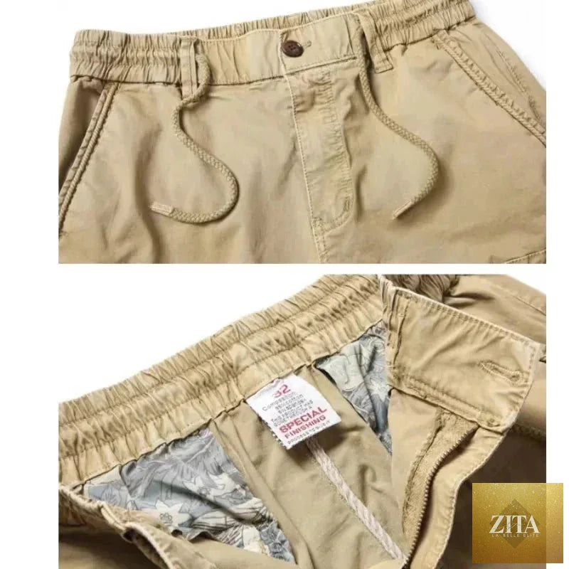 Men's gray Mandotos cargo pants made of cotton, full-length tactical military-style trousers with multiple pockets.