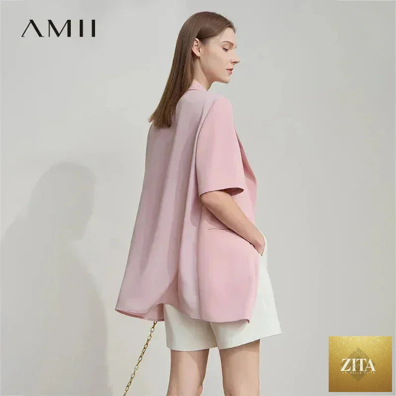 Femstylo Amii Women's Summer Blazer with notched lapel, contrast patchwork, short sleeves, and single button closure.