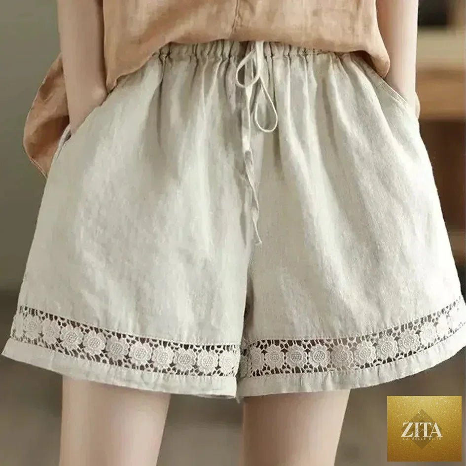 Cotton linen vintage high-waist shorts with tie-belt and embroidered details, casual straight fit by Femstylo.