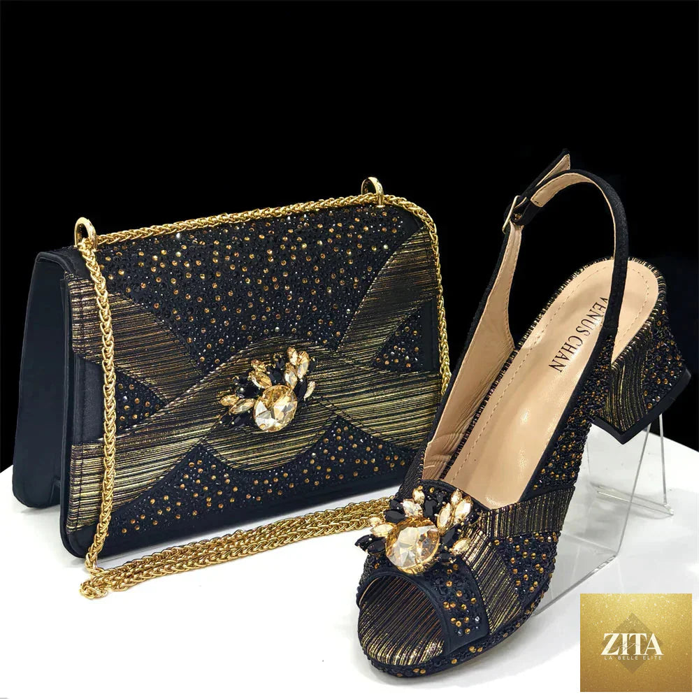 Elegant women's peep-toe heels and matching bag set by EdleessFashion, featuring luxurious shoes and stylish accessories.