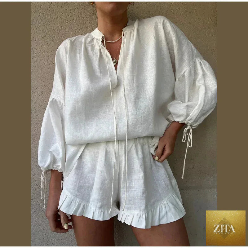 Women's solid cotton linen ruffle shorts suit with V-neck long sleeves and drawstring, loose fit, two-piece set.