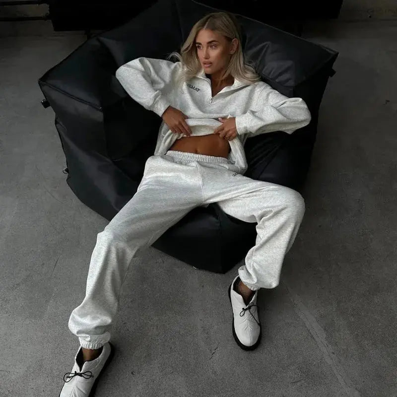 Letter Embroidered Casual Pant Sets Zipper Stand Collar Long Sleeve Hoodie Sporty Jogger Pant Fashion Tracksuit Women Outfits ZITA LA BELLE ÉLITE