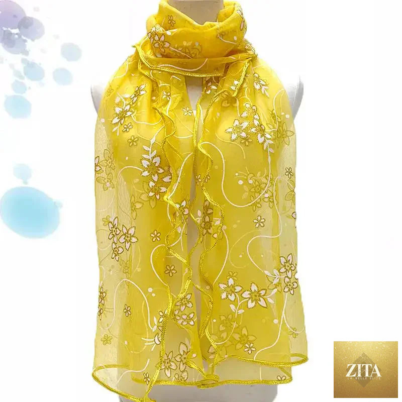 Lightweight lace silk scarf with elegant printed design, perfect for women, styled as a neckerchief or shawl.