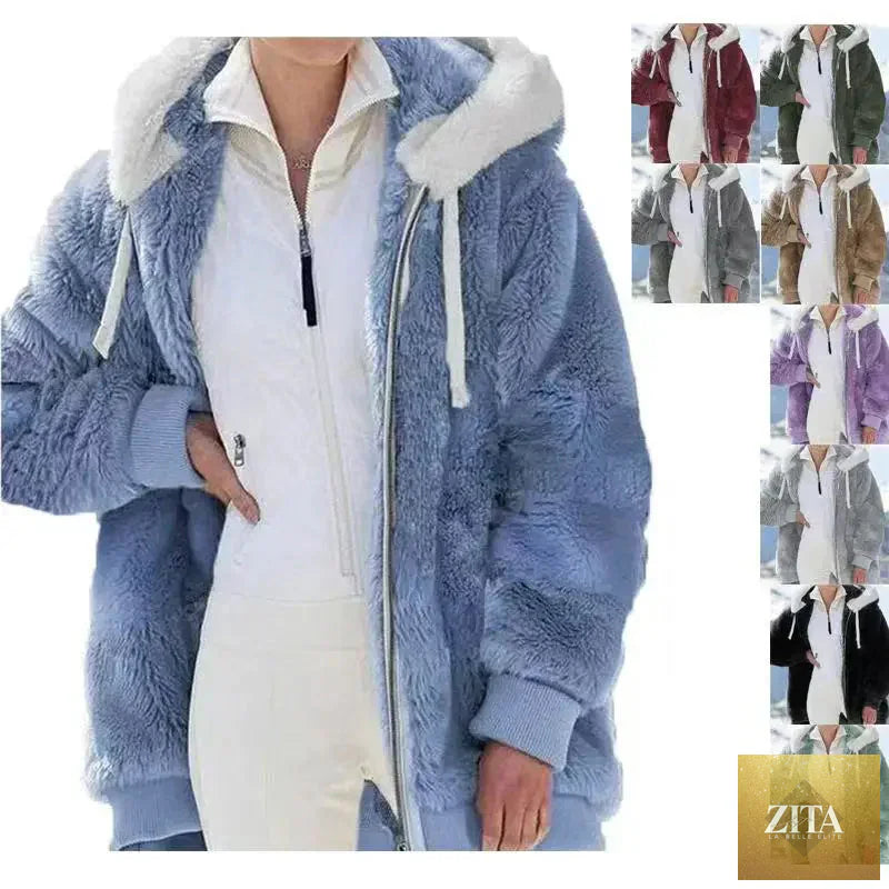 Women’s winter faux fur jacket with plush fleece lining, hooded casual coat, zipper closure, warm and soft cashmere style from LadyShow.