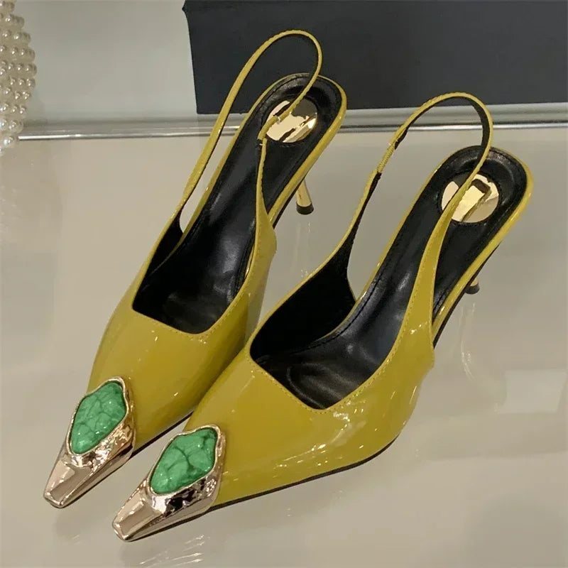 Elegant LadyShow.Store metal square head diamond woman pumps with low heel, stylish slingback sandals for street style and banquets