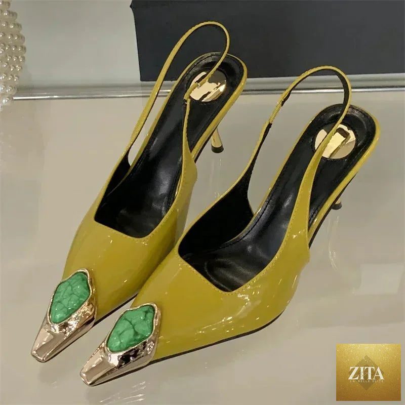 Elegant LadyShow.Store woman pumps sandals with metal square head design, low heel, and slingback style for stylish street and banquet wear.