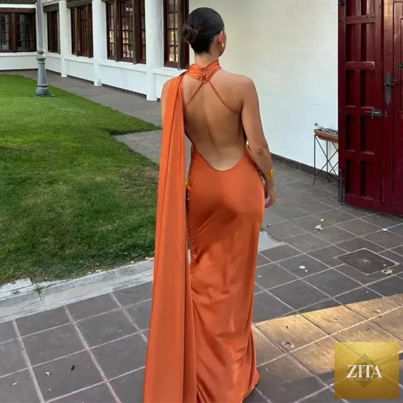 Femstylo backless lace-up maxi dress with ribbon straps, sleeveless evening gown perfect for parties.