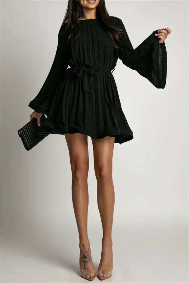 Femstylo 2025 elegant pleated mini dress with flared sleeves and lace-up design, perfect for summer fashion.