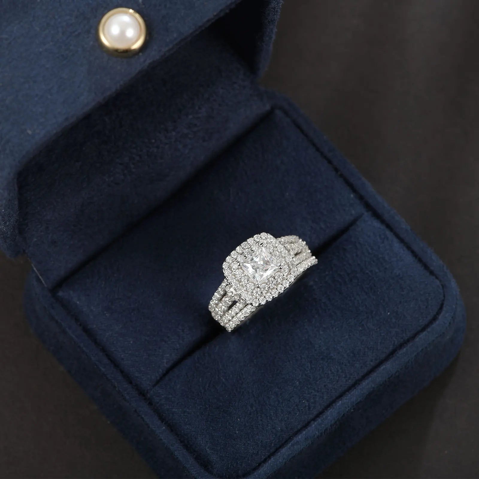 Newshe Certified Moissanite wedding ring set for women, featuring halo princess cut designs in 925 sterling silver jewelry.