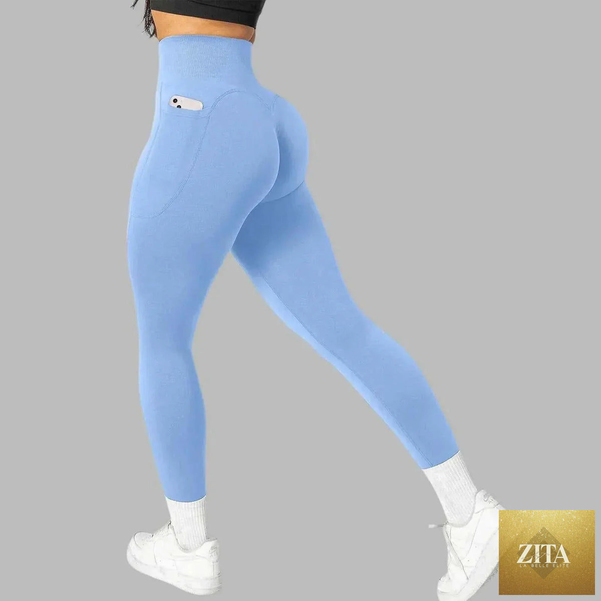 Women's seamless pocket yoga leggings by THRIXINE, showing a close-up of the comfortable high-waist design with side pockets.